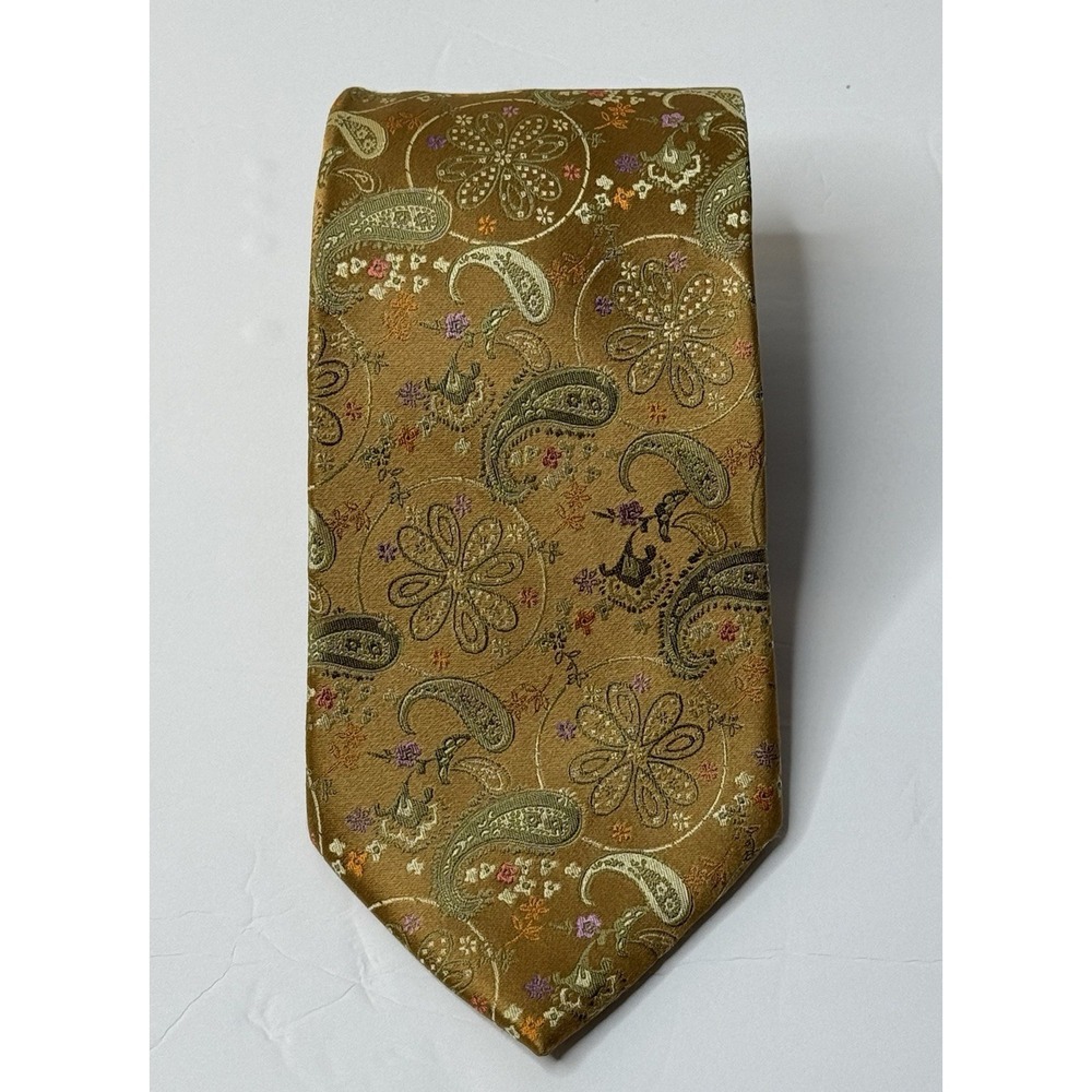 Vintage Emilio Ponti Hand Made Silk Necktie Men's Gold Retro Paisley Floral 60"